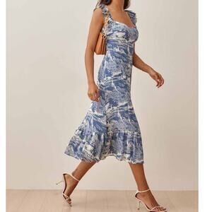 Reformation Bondi Blue Reef Water Print Fitted Ruffle Sweetheart Midi Dress